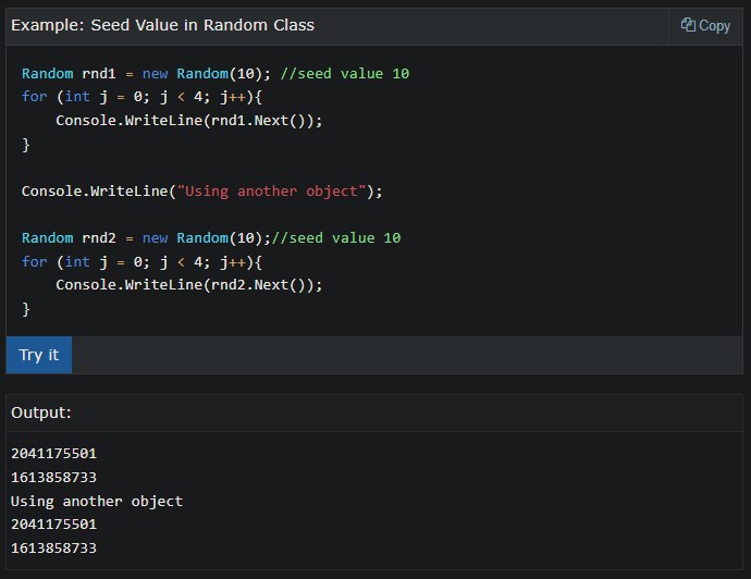 Seed value. Класс Random c#.